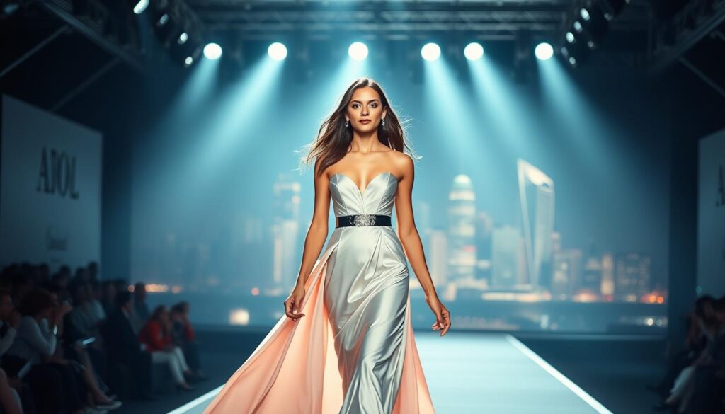 A glamorous fashion model striding confidently down an elegant runway, the bright stage lights casting dramatic shadows across her face. She exudes poise and grace, her stunning designer gown flowing behind her. In the background, a chic city skyline glimmers, hinting at the success and celebrity that comes with a top model's career. The scene conveys the thrill, hard work, and rewards of a fashion model's journey to the top, capturing the essence of a true superstar's story.