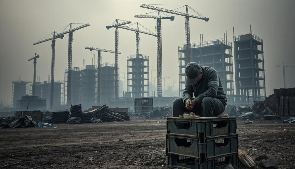 A gloomy construction site shrouded in hazy gray skies, scaffolding and cranes casting long shadows across the uneven terrain. Piles of discarded materials and debris litter the ground, suggesting a lack of organization and efficiency. In the foreground, a worn-out construction worker sits on a dilapidated crate, head in hands, reflecting the physical and mental toll of the industry. The muted color palette and somber atmosphere convey the challenges and downsides of the construction business, from dangerous working conditions to tight deadlines and budget constraints.