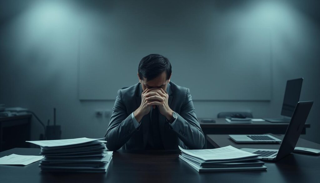 A gloomy office scene with a businessperson sitting at their desk, visibly stressed and concerned. The foreground features the person's worried expression, hands clasped tightly, and a stack of documents on the desk. The middle ground shows the sparse, dimly lit workspace, with a laptop and a nameplate on the desk. The background is hazy, suggesting a sense of uncertainty and unease. The lighting is somber, casting long shadows and creating a moody, tense atmosphere. The overall scene conveys the risks and apprehension associated with the prospect of a job offer being withdrawn.