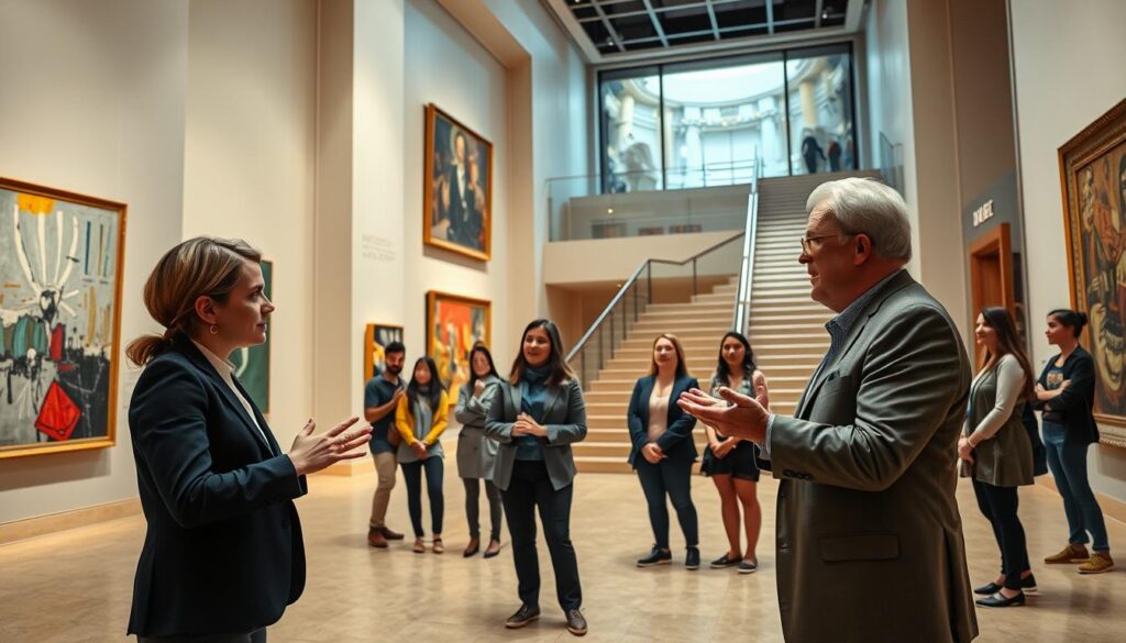 A grand, airy atrium of a renowned art museum, its walls adorned with abstract expressionist masterpieces. In the foreground, a young curator in a crisp blazer confers with a senior colleague, their hands gesturing animatedly as they discuss the museum's latest exhibition. In the middle ground, a group of aspiring art enthusiasts observe intently, absorbing the wisdom shared by the seasoned professionals. The mood is one of intellectual curiosity and artistic inspiration, the lighting soft and diffused, casting a warm glow throughout the space. A sweeping staircase leads to upper levels, hinting at the expansive career opportunities within the world of museum curation.