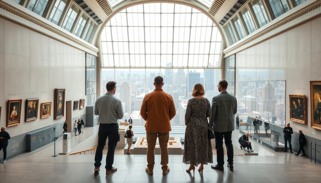 A grand art museum atrium, with natural light filtering through expansive skylights. In the foreground, figures representing different art-related professions - a curator, an art conservator, a museum educator, and an art historian - stand in contemplation, each embodying their unique role and responsibilities. The middle ground features displayed artworks, hinting at the diverse collections housed within. In the background, a panoramic view of the city skyline, symbolizing the broad professional landscape available to those with expertise in the arts. The scene conveys a sense of discovery, opportunity, and the multifaceted nature of art-focused careers.