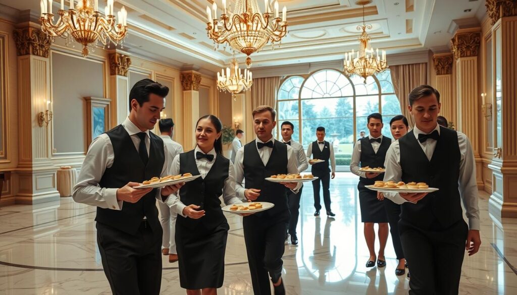 A grand ballroom with ornate chandeliers, polished marble floors, and gilded columns. In the center, a well-dressed group of servers in crisp white uniforms and black vests, carrying trays of delicate hors d'oeuvres. Their expressions are focused, their movements graceful and precise, as they cater to the refined guests. The lighting is soft and warm, creating an atmosphere of elegance and sophistication. In the background, a large window overlooks a picturesque garden, hinting at the wealth and opulence of the establishment. The overall scene conveys the professionalism and attention to detail expected of skilled servers in a high-end setting.
