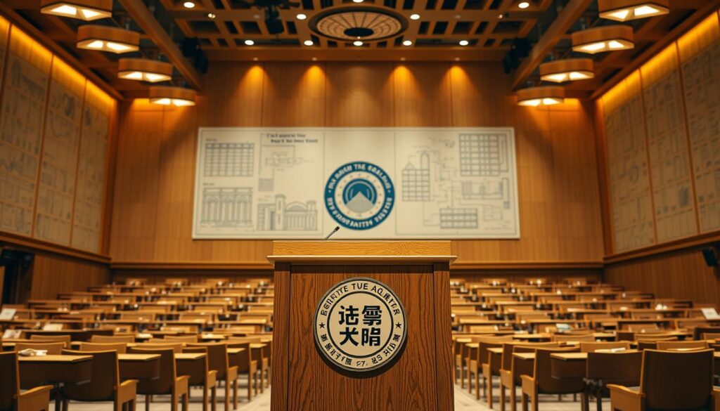 A grand examination hall with rows of desks and chairs, illuminated by warm, focused lighting from above. In the foreground, a sturdy wooden podium stands, emblazoned with the official seal of the 再開発プランナー certification. The walls are adorned with intricate architectural diagrams and blueprints, hinting at the technical expertise required for this prestigious qualification. The atmosphere is one of academic rigor and professional gravitas, capturing the essence of this crucial step in the journey to becoming a renowned 再開発プランナー.