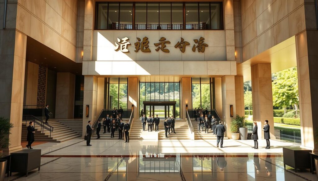 A grand, imposing building with a modern, sleek design stands prominently, its facade adorned with elegant Japanese calligraphy spelling out "グランドホステス専門学校". The entrance is flanked by ornate pillars and a grand staircase, leading to a spacious lobby filled with well-dressed students and staff. Sunlight streams through large windows, casting a warm glow on the polished marble floors and contemporary furnishings. The atmosphere exudes a sense of professionalism, sophistication, and dedication to the education of aspiring grand hostesses. In the background, a lush, manicured garden can be seen, providing a serene and picturesque setting for this esteemed institution.