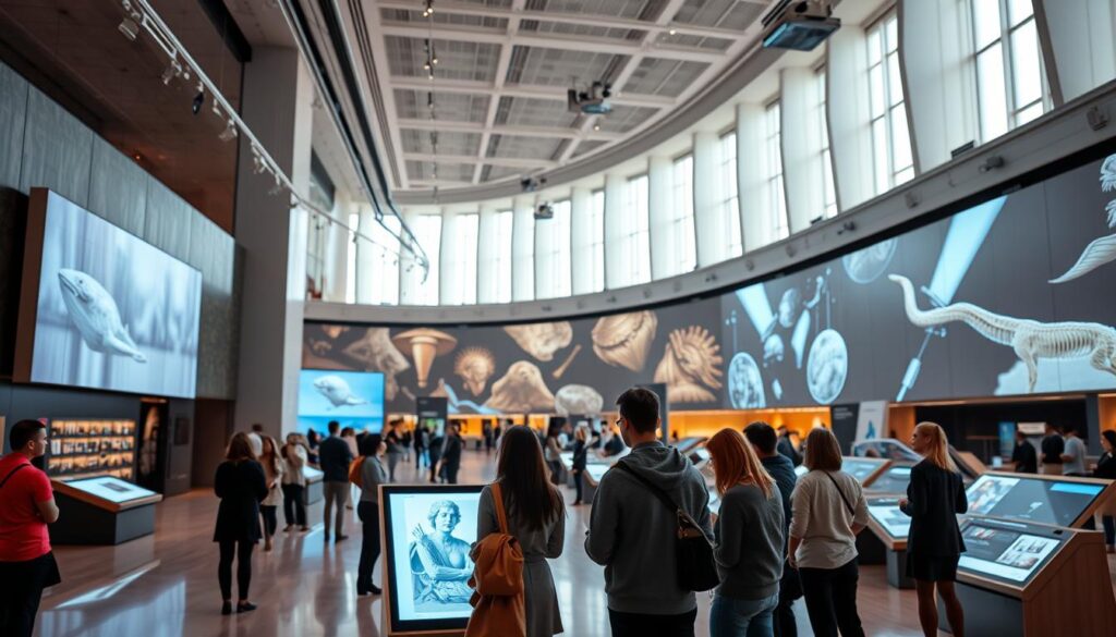 A grand, modern museum interior with high ceilings and vast, bright spaces. In the foreground, a group of visitors stand in awe, examining digital exhibits on sleek touchscreen displays. The middle ground showcases carefully curated collections, their artifacts and artworks digitized and projected onto large, seamless screens. The background reveals a network of cameras, sensors, and advanced lighting systems, capturing and enhancing the museum experience. An atmosphere of wonder, innovation, and technological integration pervades the scene, hinting at the future of the curation profession.