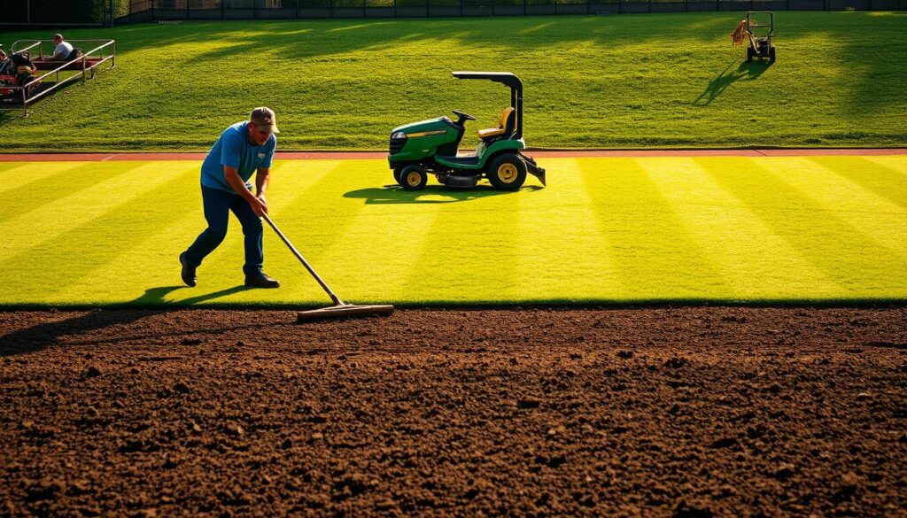 A groundskeeper meticulously grooming a lush, well-manicured sports field. The foreground features the worker carefully raking the soil, ensuring an even, smooth surface. In the middle ground, a riding lawn mower trims the neatly trimmed grass, creating a striped pattern. In the background, an array of maintenance equipment like edgers, blowers, and aerators are neatly organized, ready for use. The scene is bathed in warm, golden sunlight, conveying a sense of diligence and pride in the groundskeeper's work. The overall atmosphere is one of pristine order and attention to detail, reflecting the importance of a well-maintained playing field.