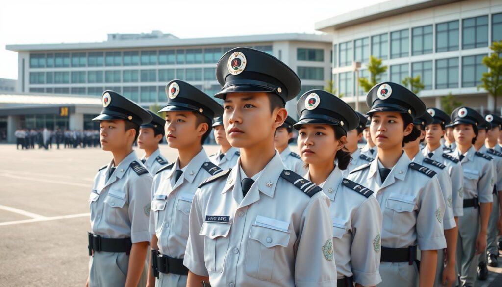 A group of Japanese Self-Defense Force officer candidates stand in a formal military formation, their crisp uniforms and disciplined posture conveying a sense of professionalism and dedication. The scene is captured with a medium-wide angle lens, showcasing the candidates' training environment - a vast, well-maintained parade ground surrounded by modern military facilities. Soft, natural lighting filters down, casting subtle shadows and highlights that accentuate the candidates' focused expressions. The overall mood is one of focus, discipline, and the rigorous preparation these individuals undergo to become commissioned officers in the JSDF.