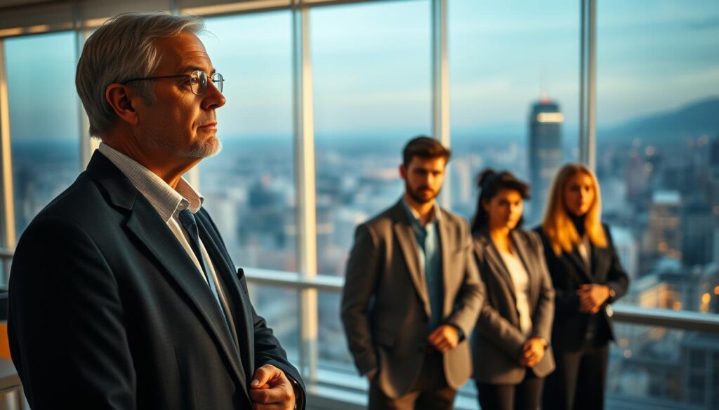 A group of bureaucrats standing confidently in a modern office, bathed in warm, soft lighting. In the foreground, a senior bureaucrat gazes thoughtfully into the distance, symbolizing the contemplation of their career path and the challenges they face. In the middle ground, a team of younger bureaucrats collaborates on digital displays, showcasing the technological advancements transforming their field. The background features a panoramic view of a bustling city skyline, hinting at the broader impact and influence of the bureaucratic class. The overall mood is one of quiet determination, as the bureaucrats navigate the evolving landscape of their profession and its potential for growth and innovation.