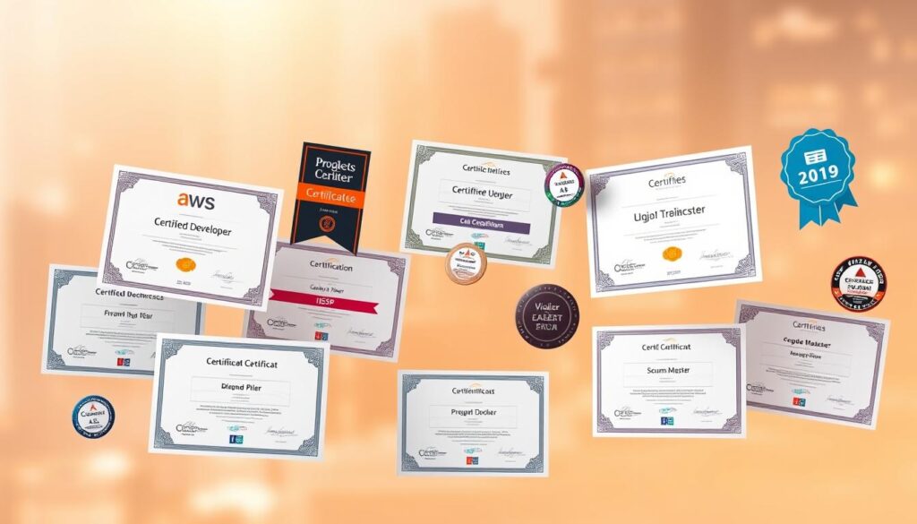 A group of certificates, diplomas, and digital badges floating in a soft, warm-toned environment. The foreground features several renowned programming and technology certifications, such as AWS Certified Developer, CISSP, and CompTIA A+, presented with a sense of professionalism and expertise. The middle ground showcases a variety of other relevant qualifications for programmers, including Scrum Master, Project Management Professional, and Microsoft Certified Solutions Developer. The background subtly hints at a blurred cityscape or coding environment, conveying the practical applications of these credentials in the real world. The overall scene exudes a sense of achievement, knowledge, and career advancement for the dedicated programmer.