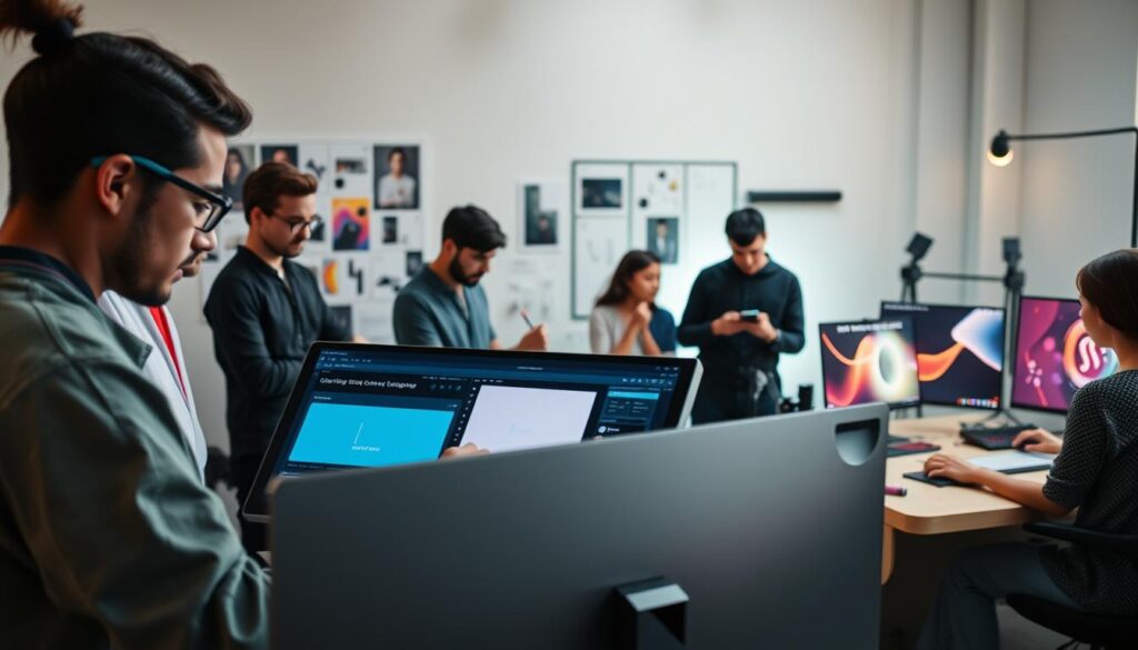 A group of diverse designers, each with their own unique style and specialization, gathered in a modern, minimalist studio space. In the foreground, a UI/UX designer meticulously crafts a sleek, intuitive interface on a high-resolution display. Behind them, a product designer sketches innovative concepts for a new line of consumer electronics, surrounded by mood boards and 3D-printed prototypes. In the background, a motion graphics artist animates a vibrant, attention-grabbing title sequence, the soft glow of their workstation illuminating the room. The space is filled with the hum of creativity, as each designer contributes their specialized talents to the collective pursuit of design excellence.
