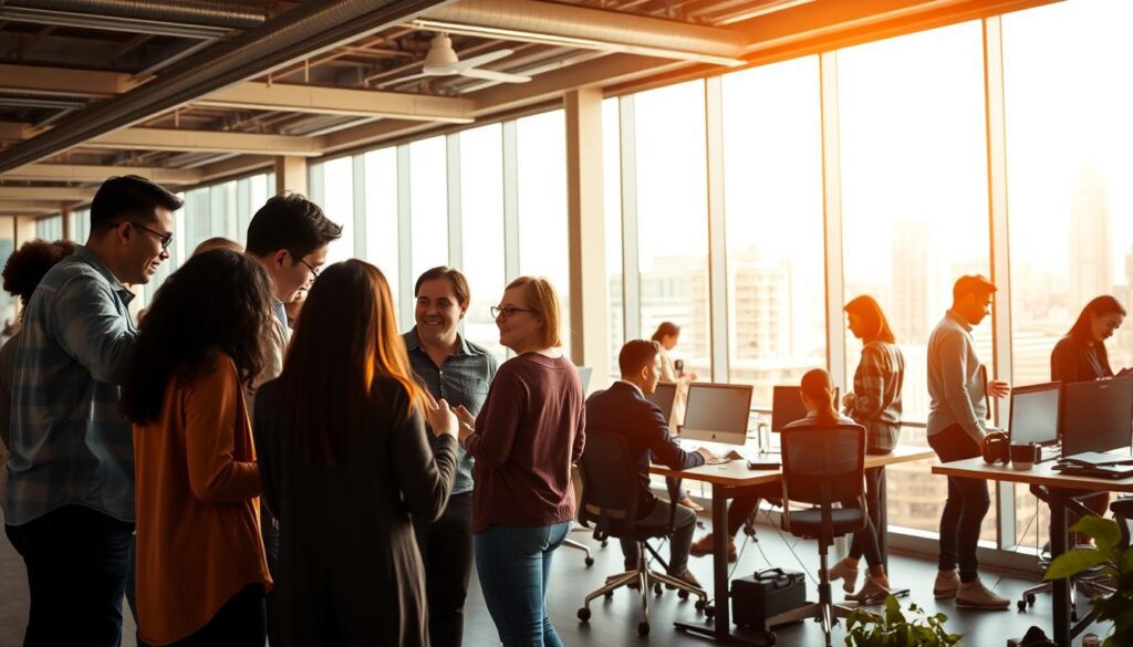 A group of diverse people working collaboratively in a modern, open-concept office. The foreground features a team huddle, with team members enthusiastically engaged in discussion. The middle ground shows colleagues sharing ideas at standing desks, while the background depicts a well-lit, airy space with large windows overlooking a vibrant cityscape. The mood is one of energy, teamwork, and a shared sense of purpose. Warm, natural lighting casts a glow over the scene, captured with a wide-angle lens to convey a sense of cohesion and camaraderie.