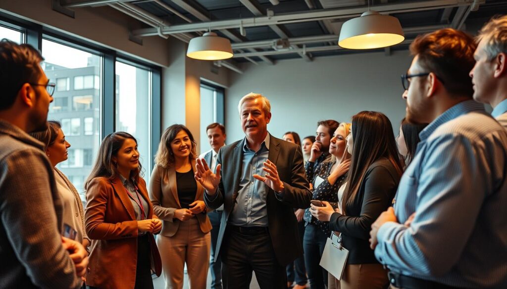 A group of diverse professionals engaged in lively discussions at a networking event, with a facilitator guiding the conversation. The scene is set in a modern, well-lit conference room with large windows and minimalist decor, creating an atmosphere of collaboration and productivity. The facilitator stands in the middle, gesturing animatedly, while the attendees lean in, their faces expressing interest and engaged body language. Warm lighting from overhead fixtures casts a soft glow, and the camera angle captures the energy and connectivity of the group. The overall impression is one of a productive, dynamic networking session led by an experienced facilitator.