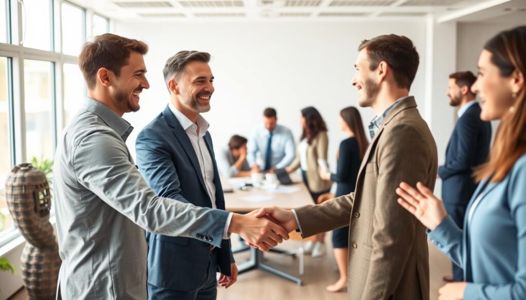 A group of professionals in a modern office setting, engaged in lively discussions and teamwork. The foreground shows two colleagues shaking hands and smiling, establishing a warm rapport. In the middle ground, several other coworkers are collaborating around a conference table, their body language indicating a sense of camaraderie and open communication. The background depicts a minimalist, well-lit office space with large windows, suggesting a bright and professional environment conducive to building strong interpersonal relationships. The lighting is natural, with a subtle warm tone, creating a welcoming atmosphere. The overall scene conveys the importance of developing positive work relationships after a career change.