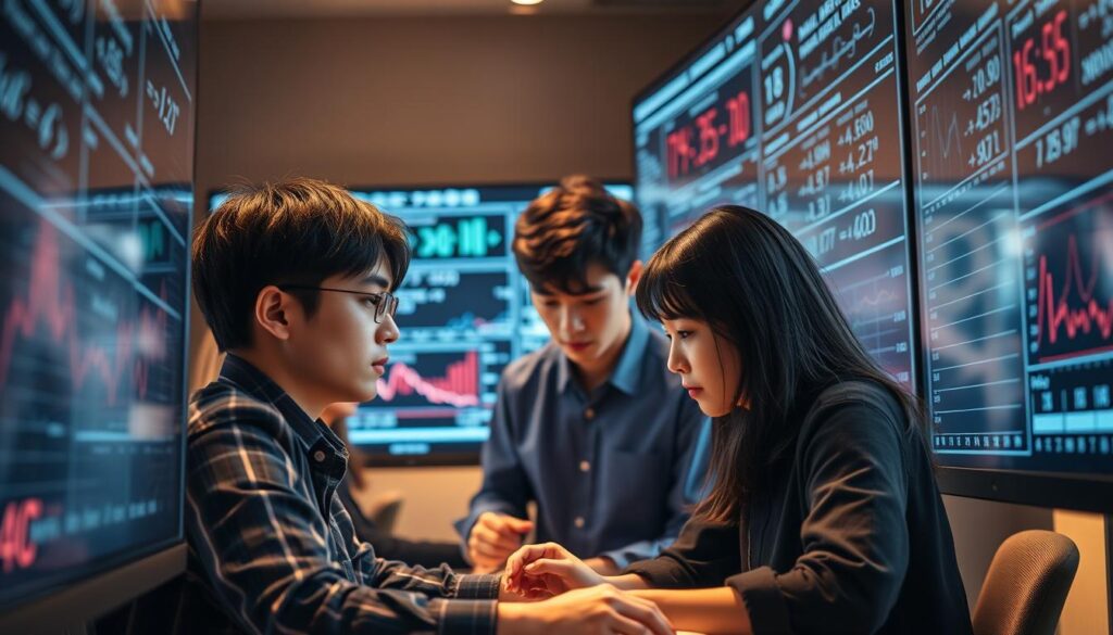 A group of young, Japanese-looking individuals intently focused on complex mathematical equations and statistical models displayed on several large screens. The scene is bathed in a warm, focused light, creating a sense of intensity and purpose. The models' expressions convey deep concentration as they manipulate the data, working diligently to uncover valuable insights and drive impactful decisions. The overall atmosphere is one of intellectual rigor and analytical prowess, reflecting the essence of the "を 駆使 し" concept.