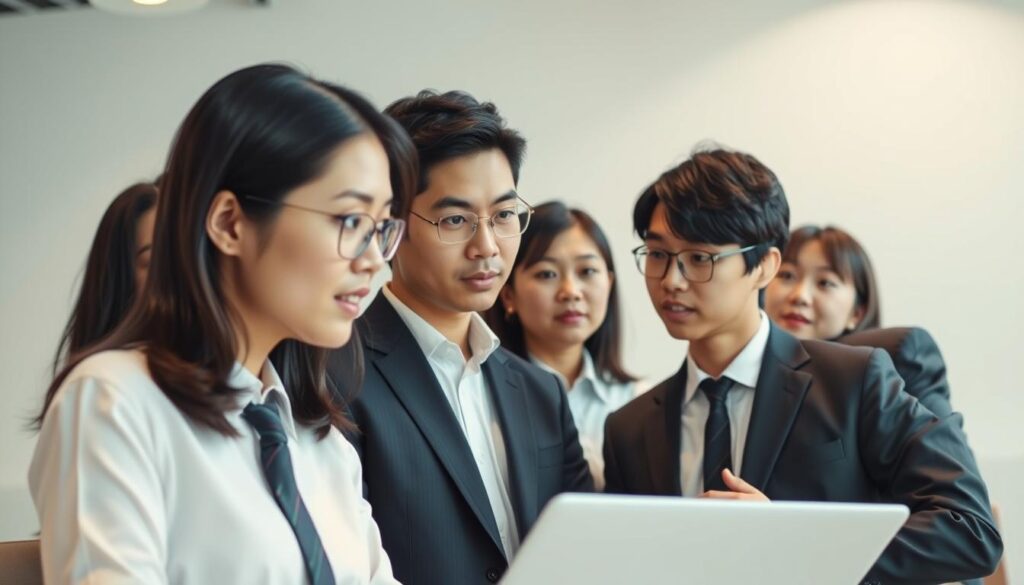 A group of young Japanese-looking professionals, dressed in formal attire, gathered in a modern, well-lit office setting. They are engaged in thoughtful discussion, their expressions conveying focus and analytical mindsets. The scene captures the essence of individuals well-suited for the actuarial field - precise, detail-oriented, and adept at problem-solving. Soft, directional lighting creates a sense of professionalism and competence, while the clean, minimalist background allows the subjects to take center stage. The overall atmosphere suggests a workplace environment conducive to the analytical, data-driven nature of actuarial work.