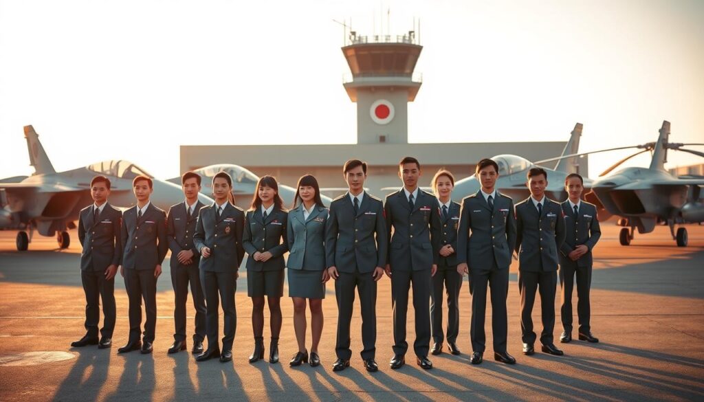 A group of young men and women in crisp, tailored uniforms stand with determination on a tarmac, surrounded by sleek fighter jets and helicopters. The scene is bathed in warm, golden-hour light, creating a sense of pride and purpose. In the background, a modern control tower and hangar loom, hinting at the sophisticated technology and training these aspiring aviators will master. The composition emphasizes the cadets' disciplined posture, their eyes fixed on the horizon, ready to embark on their journey to become skilled operators of the Japan Air Self-Defense Force's cutting-edge aerial assets.