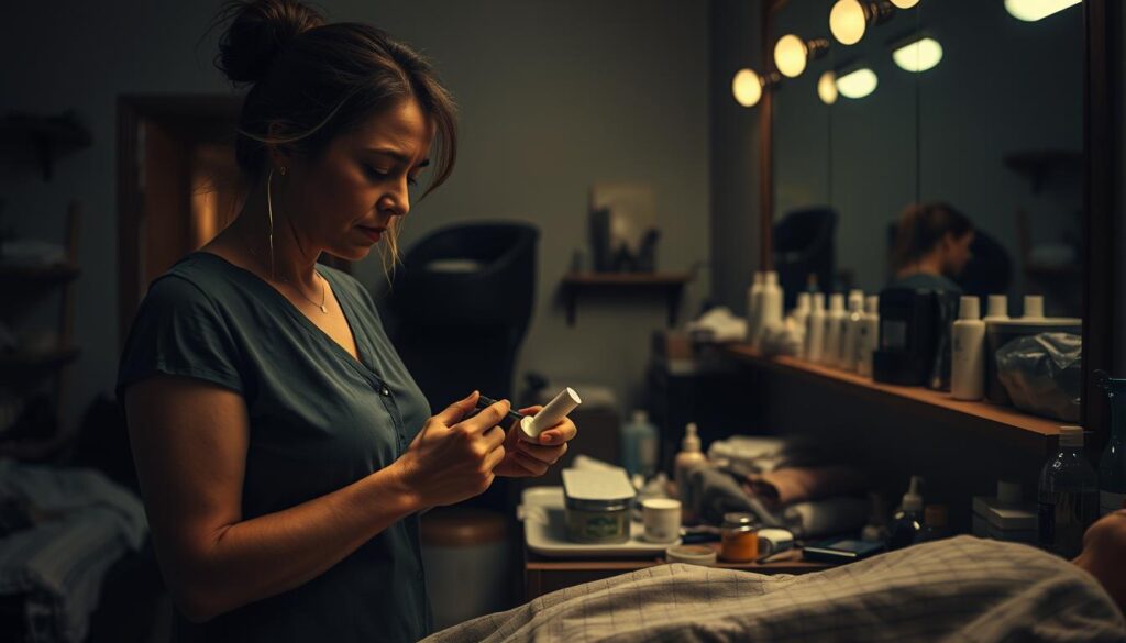 A hardworking esthetician stands in a dimly lit salon, her expression weary as she tends to a client. The foreground shows her hands meticulously applying skincare products, while the middle ground reveals the cluttered workspace - an array of tools, towels, and products scattered about. In the background, a mirrored wall reflects the esthetician's exhaustion, hinting at the physical and emotional toll of her demanding job. Soft, warm lighting casts dramatic shadows, creating a somber, introspective atmosphere that captures the esthetician's heavy workload and the challenges she faces in her profession.