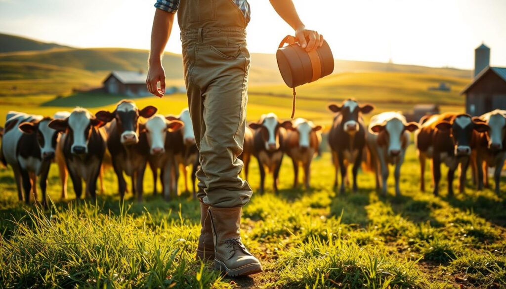 A hardworking individual with a deep appreciation for the natural world, standing amidst a picturesque dairy farm. Wearing sturdy boots and overalls, they carefully tend to the herd of contented cows in a serene, sun-dappled landscape. The soft, golden light illuminates the lush, rolling hills and verdant pastures, creating a sense of tranquility and harmony. In the background, a weathered barn and a few scattered silos hint at the practical aspects of the dairy farming lifestyle. This image conveys the dedication, patience, and connection to the land that are essential qualities for a successful dairy farmer.