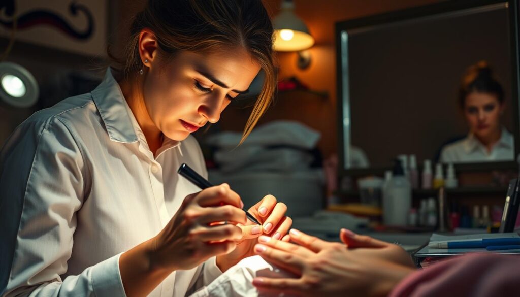 A hardworking nail technician meticulously attending to a client's intricate manicure, her brow furrowed in concentration as she deftly applies polish and shapes the nails with precision. The dim, warm lighting of the salon casts a soothing ambiance, yet the technician's expression conveys the tiredness and strain of standing for hours, attending to the needs of countless customers throughout the day. In the background, the cluttered workstation hints at the multitude of tools and products required to maintain the high standards of the profession, while the reflection in a nearby mirror reveals the technician's weary gaze, a testament to the physical and mental demands of the job.