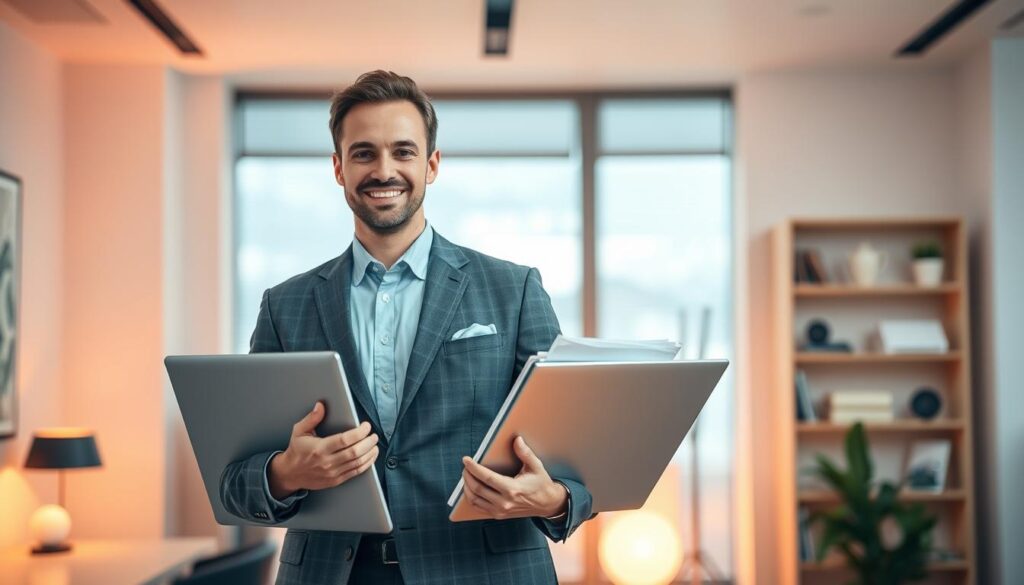 A hardworking professional in a well-tailored suit stands confidently in a modern, well-lit office, a laptop and documents in hand, symbolizing their successful career transition. The warm, inviting lighting creates a sense of optimism and accomplishment, while the minimalist, contemporary decor conveys a fresh, forward-looking atmosphere. The subject's expression is one of determination and pride, reflecting the challenges overcome and the new opportunities ahead. The overall scene captures the essence of a fulfilling and seamless career change.