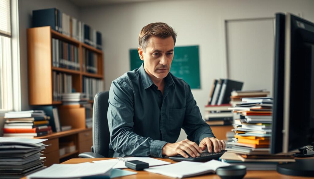 A hardworking university administrator diligently typing at their desk, surrounded by stacks of documents and a computer monitor in a well-lit, modestly furnished office. The walls are lined with shelves of academic resources, conveying a sense of professionalism and attention to detail. The administrator's expression is focused, yet their posture suggests a degree of stress, reflecting the challenges and responsibilities that come with the role. The scene is captured in a medium shot, with a shallow depth of field, drawing the viewer's attention to the central figure and their work environment.