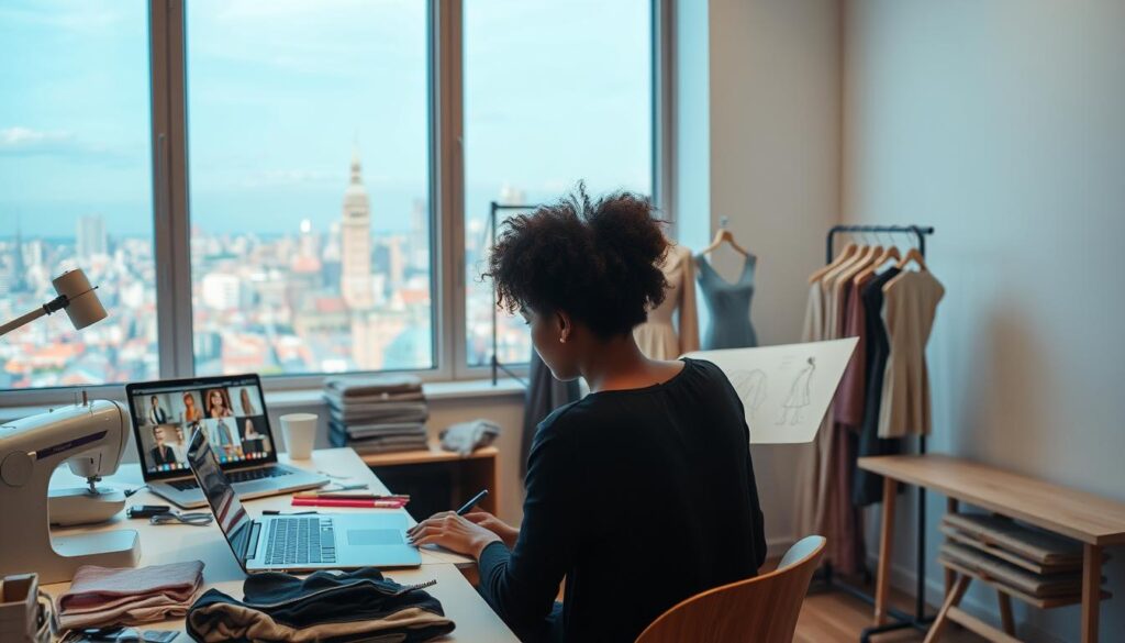 A harmonious balance between a fashion designer's work and personal life, captured in a serene yet energetic composition. In the foreground, a fashion designer sits at a desk, sketching designs with focused intensity. The middle ground features a neatly organized workspace, with various sewing tools, fabric swatches, and a laptop displaying fashion mood boards. In the background, a window overlooking a vibrant city skyline, suggesting the designer's ability to maintain a connection to the outside world and find inspiration beyond the confines of the studio. Soft, diffused lighting creates a calming atmosphere, while the composition's careful balance between work and leisure elements conveys a sense of mindful, productive harmony.
