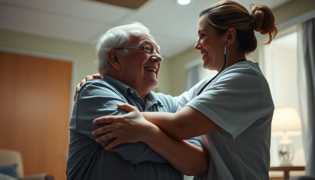A heartwarming scene unfolds in a dimly lit care facility. An elderly patient, their face etched with joy, embraces a compassionate caregiver, their eyes locked in a tender moment of connection. The caregiver's gentle touch and soothing expression convey a profound understanding, as if they are offering comfort and reassurance. The surroundings are softly illuminated, creating a serene, intimate atmosphere that amplifies the emotional weight of the encounter. Subtle details, such as the patient's trembling hands and the caregiver's attentive posture, lend an air of authenticity to the scene, capturing the essence of the caregiver's profound dedication and the patient's profound gratitude.