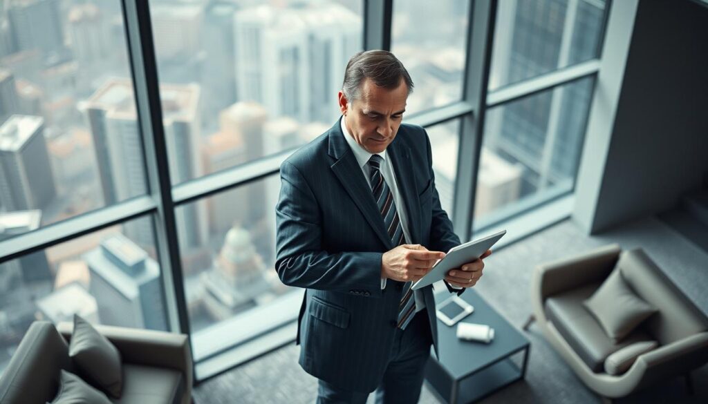 A high-angle shot of a sports commissioner in a well-tailored suit, standing in a modern office with sleek furniture and large windows overlooking a cityscape. The commissioner has a contemplative expression, holding a tablet and examining game statistics. The image conveys a sense of authority, strategic decision-making, and the important role the commissioner plays in overseeing the sports industry. Soft, directional lighting illuminates the scene, creating a professional and authoritative atmosphere. The background is intentionally blurred to keep the focus on the commissioner and their duties.