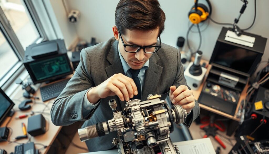 A high-angle shot of a well-dressed professional manipulator examining a complex mechanism, surrounded by an array of specialized tools and electronic equipment in a modern, well-lit workspace. The manipulator's face is focused and determined, their hands deftly handling the intricate components. The scene conveys a sense of expertise, precision, and the value of the manipulator's specialized skills and knowledge, suggesting a comfortable, well-compensated career.