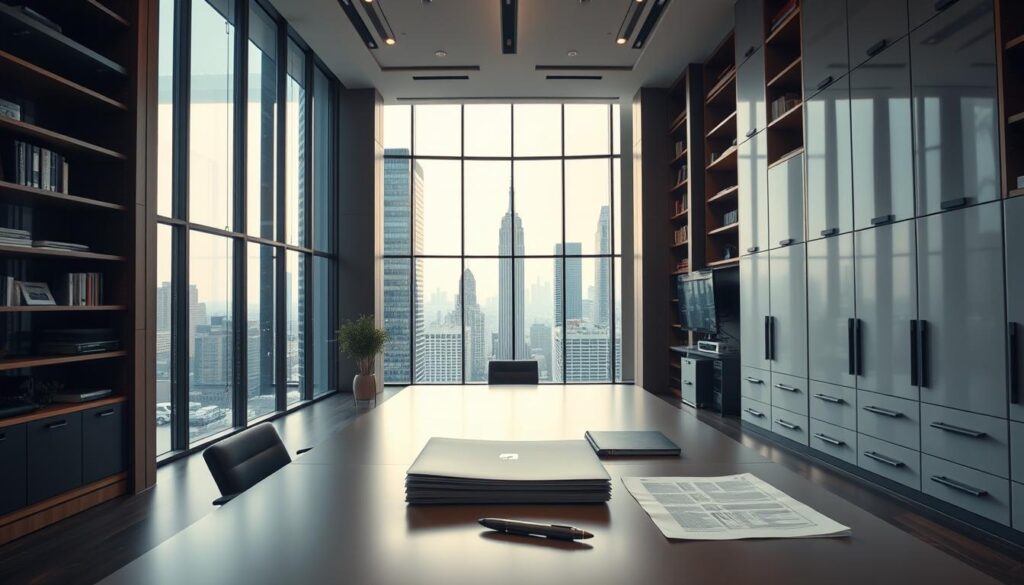 A high-angle shot showcasing a sleek, modern office interior with floor-to-ceiling windows overlooking a vibrant city skyline. In the foreground, a neatly organized desk with a laptop, pen, and a stack of documents. Towering shelves and cabinets line the walls, exuding an atmosphere of power and authority. The lighting is soft and warm, creating a professional yet inviting ambiance. The camera angle emphasizes the imposing presence of the executive's workspace, hinting at the considerable responsibilities and potential earning capacity of an executive producer role.