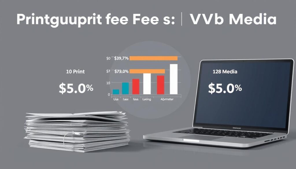 A high-contrast, data-driven visualization comparing the manuscript fees of print media and web media. In the foreground, a stack of papers and a laptop, symbolizing the two publishing formats. The papers have a crisp, formal texture, while the laptop screen has a digital, sleek appearance. In the middle ground, a series of bar graphs depicting the relative payment rates, with clear labeling and color-coding to distinguish the two media types. The background features a subtle, geometric pattern evoking the structure of the publishing industry. Muted, professional colors create a serious, analytical tone, emphasizing the data-driven nature of the comparison.