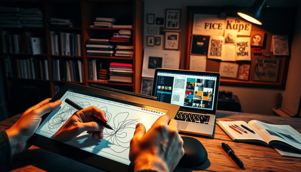 A high-contrast, dramatic scene depicting the essential design tools for an editorial designer. In the foreground, a hand expertly wields a digital drawing tablet and stylus, the screen displaying intricate vector graphics. In the middle ground, a sleek, modern laptop displays design software interfaces, windows open with color palettes, typography, and layout tools. In the background, a bookshelf overflows with design reference volumes, complemented by a corkboard filled with inspirational sketches and mood boards. Warm, directional lighting casts dramatic shadows, emphasizing the focused concentration of the designer at work. The overall atmosphere conveys the technical mastery, creativity, and attention to detail required for editorial design.
