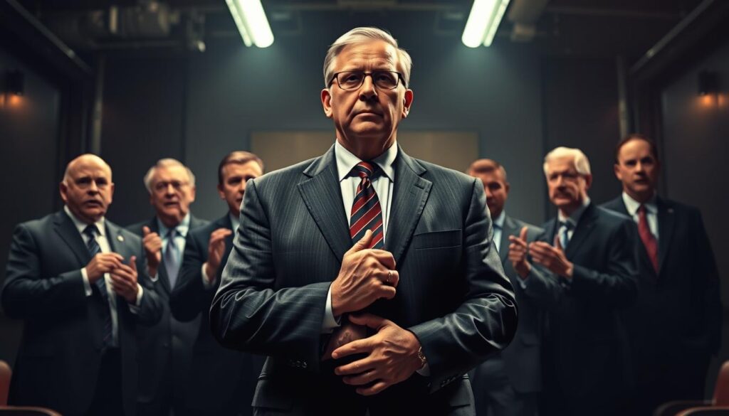 A high-contrast scene depicting the comparative powers and authority of MLB and other major league commissioners. In the foreground, the MLB commissioner stands tall, hands clasped, exuding confidence and decisiveness. In the middle ground, the commissioners of other major sports leagues appear, each gesturing and emoting to convey their relative influence. The background fades into a moody, industrial setting suggestive of the corporate boardrooms where these executives wield their influence. Lighting is dramatic, with strategic shadows and highlights to accentuate the commanding presence of the MLB commissioner. The overall composition strikes a balance between realism and stylized, cinematic flair.