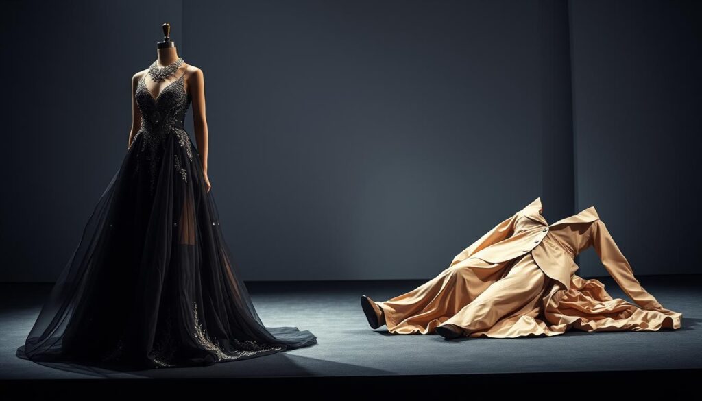 A high-end fashion runway showcasing two contrasting vignettes - one of a celebrated designer's success, the other a cautionary tale of a failed upstart. In the foreground, a glamorous evening gown commands attention, its intricate beadwork and flowing chiffon evoking the heights of sartorial triumph. Opposite, a disheveled, ill-fitted ensemble lies crumpled, a visual metaphor for the pitfalls of hubris and lack of industry savvy. Dramatic stage lighting casts dramatic shadows, creating an air of high-stakes drama. The background features a minimalist set design, allowing the clothing to be the sole focus, a study in the delicate balance between creative vision and commercial success in the fashion world.