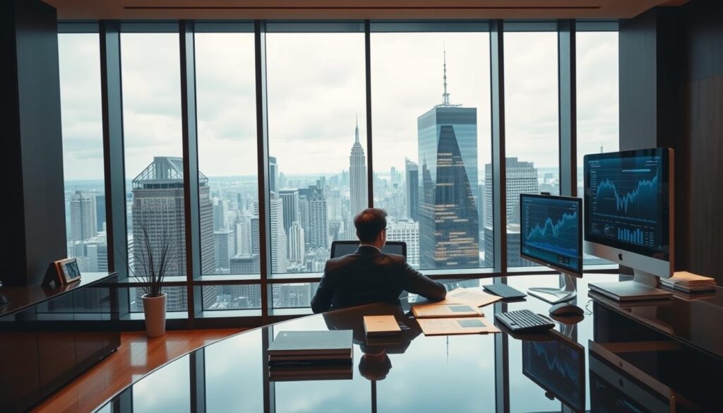 A high-end office interior with a large picture window overlooking a bustling city skyline. In the foreground, a smartly dressed fund manager sits at an elegant, contemporary desk, reviewing financial documents and data displayed on multiple digital screens. The lighting is warm and professional, creating a sense of focused productivity. The overall atmosphere conveys the prestige and responsibility associated with a lucrative career in asset management.