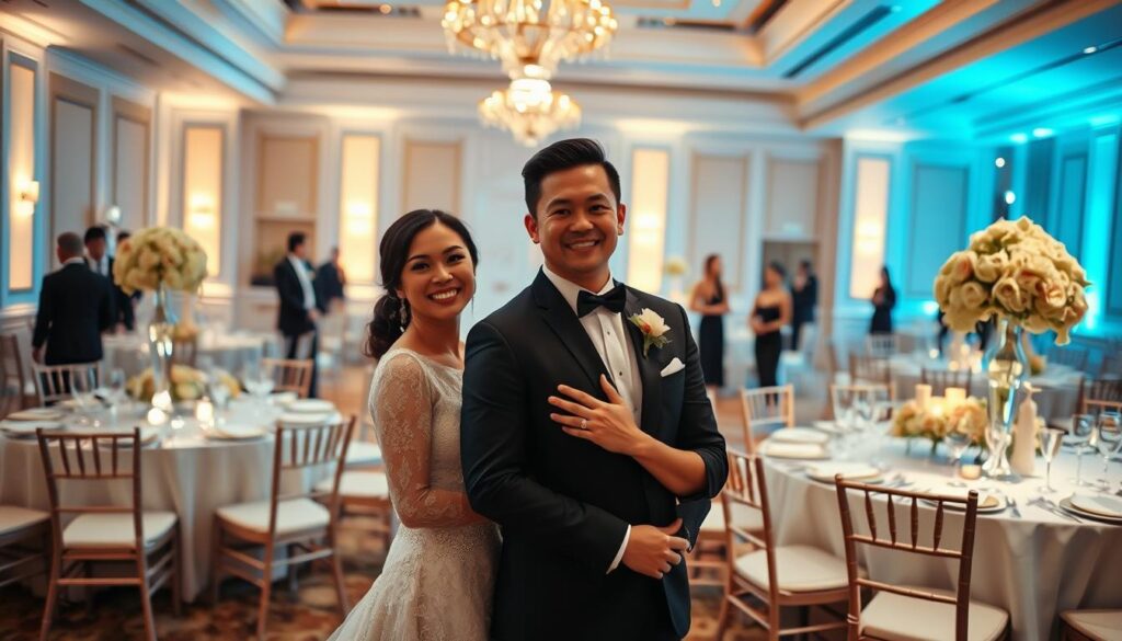 A high-end wedding venue, bathed in soft, warm lighting. In the foreground, a well-dressed couple pose gracefully, their expressions radiating joy and anticipation. The middle ground showcases elegantly decorated tables, with crystal glassware and meticulously arranged floral centerpieces. In the background, a team of attentive staff move discreetly, ensuring the event runs seamlessly. The overall scene conveys the luxurious and sophisticated nature of the wedding industry, hinting at the potential earnings for skilled wedding planners who can orchestrate such lavish affairs.