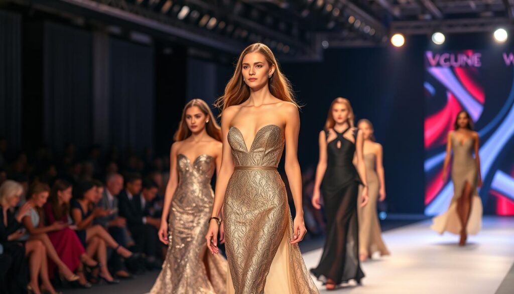 A high-fashion runway with elegant models showcasing the latest couture designs. Bright, dramatic lighting illuminates the catwalk, casting dramatic shadows and highlights. The models stride with confidence, their faces conveying a sense of poise and sophistication. In the background, a blurred audience of fashion enthusiasts and industry professionals, their silhouettes creating a sense of energy and excitement. The scene captures the glamour, prestige, and earning potential of the fashion modeling industry.