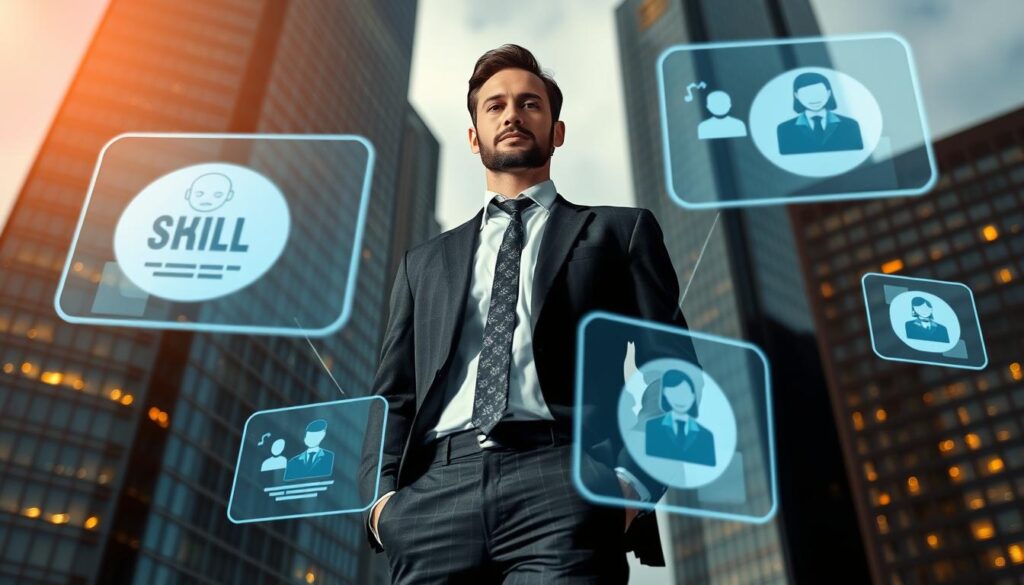 A high-level business professional standing confidently against a backdrop of modern skyscrapers, surrounded by floating holographic displays showcasing various specialized skills. The scene is bathed in warm, directional lighting, creating depth and emphasizing the subject's expertise. The overall mood conveys the importance and value of honing specific, in-demand competencies in the ever-evolving, technology-driven world of professional consulting.
