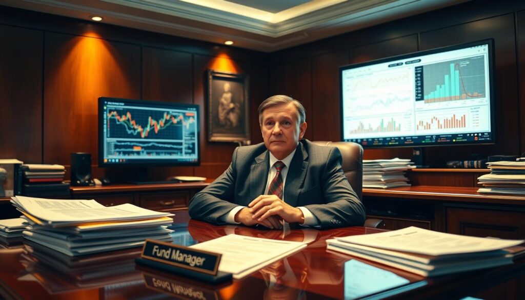 A high-level executive sitting at a polished mahogany desk, surrounded by stacks of financial reports, a computer monitor displaying complex charts and graphs, and a nameplate that reads "Fund Manager." The room is bathed in warm, directional lighting, creating a sense of authority and professionalism. The manager's expression is one of focused concentration, their gaze fixed on the task at hand. The overall atmosphere conveys the expertise, diligence, and decision-making responsibilities required of a successful fund manager.