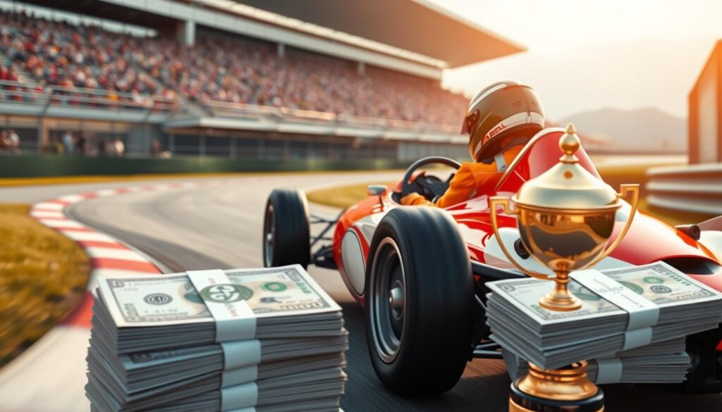 A high-performance race car speeding down a winding track, its sleek body gleaming under the warm afternoon sun. The driver, clad in a bright, custom-tailored racing suit, grips the steering wheel with unwavering focus, their face obscured by a state-of-the-art helmet. In the foreground, a stack of crisp banknotes and a trophy symbolize the substantial earnings and accolades earned by top-tier racing professionals. The background blurs into a hazy panorama of grandstands filled with cheering fans, capturing the thrilling atmosphere and prestige surrounding the world of professional motorsports. An image that conveys the substantial earning potential and high-stakes nature of a career as a racing driver.