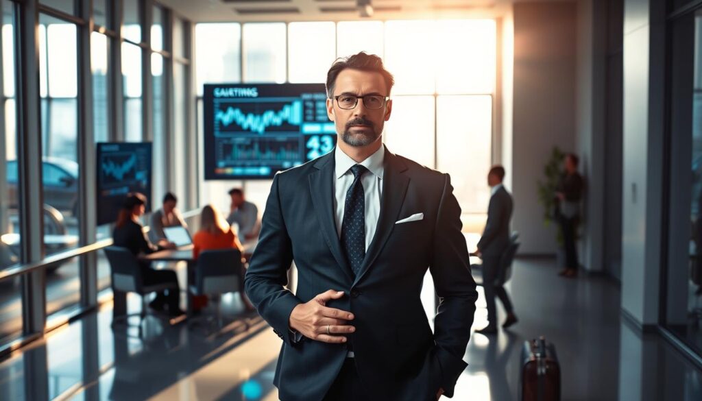 A high-powered executive in a tailored suit stands at the center of a sleek, modern office. Bright sunlight streams through floor-to-ceiling windows, casting a warm glow on their determined expression. In the background, a team of colleagues collaborates around a conference table, discussing complex financial data projected on a large screen. The atmosphere is one of focused intensity, reflecting the challenge and excitement of the transition from a stable corporate role to the dynamic world of M&A advisory. Subtle details, such as the neatly organized desk and the subtle hint of a briefcase, suggest the subject's preparedness and adaptability to this new professional chapter.