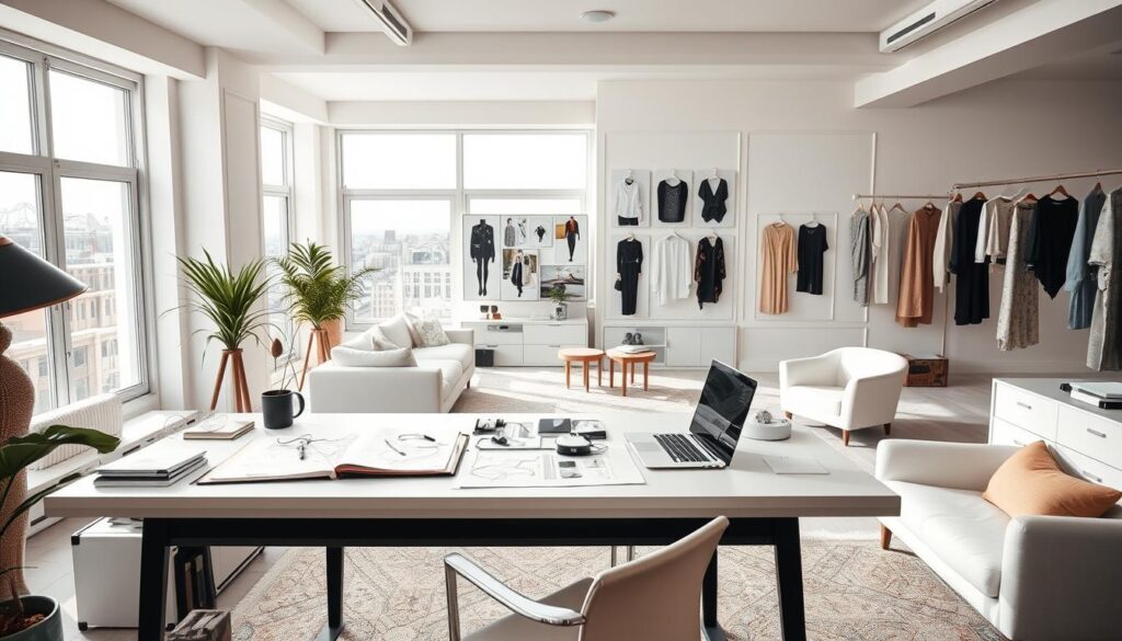 A high-profile fashion designer's studio, flooded with natural light from floor-to-ceiling windows. Elegant, minimalist furniture and decor create a serene, inspiring atmosphere. On the designer's desk, sketches, mood boards, and a laptop showcase the creative process. In the background, a wall displays the designer's acclaimed collections, each piece a testament to their innovative, visionary approach. The overall scene conveys the success, prestige, and artistry that embodies the life and work of a renowned graphic designer.