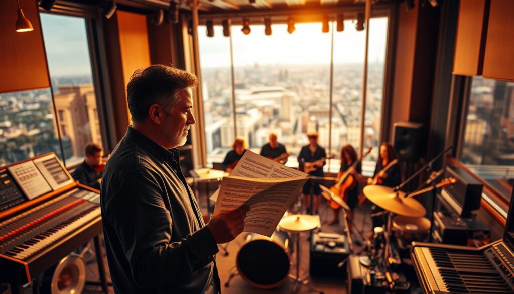 A high-profile recording studio, bathed in warm, golden lighting. In the foreground, a successful arranger reviews sheet music, surrounded by an array of musical instruments and soundboards. In the middle ground, a band of talented musicians diligently rehearse, their expressions focused and engaged. The background reveals a panoramic cityscape, hinting at the arranger's vast network of industry connections. The atmosphere exudes a sense of artistic collaboration, professionalism, and the thrill of crafting a hit track. An image of an arranger's triumph, capturing the culmination of their skill, hard work, and industry expertise.