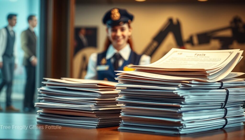 A high-quality, detailed illustration of the qualifications and certifications required to become a tour attendant. The foreground depicts a stack of official-looking documents, certificates, and licenses, conveying the formal education and training needed. The middle ground shows a person in a professional uniform, representing the tour attendant role. The background features a blurred cityscape or travel-related imagery, setting the context. The lighting is warm and slightly muted, creating a professional, authoritative atmosphere. The composition and angles emphasize the importance and centrality of the qualifications, making them the focus of the image.
