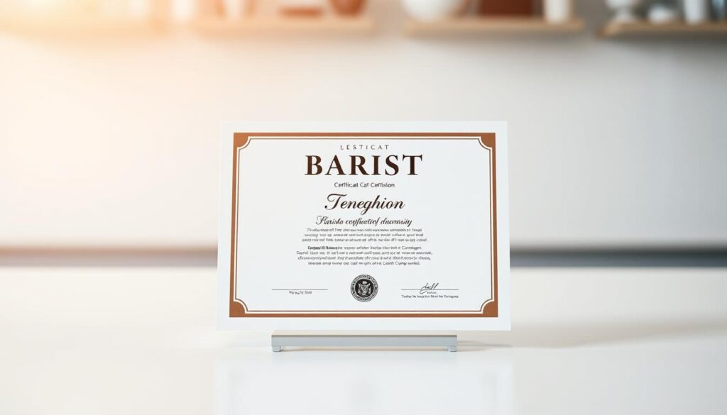 A high-quality image of a barista certification or license, displayed on a clean, minimalist surface. The certificate is centered, with a sleek, modern design featuring the official barista insignia or logo. The lighting is soft and diffused, creating a warm, professional atmosphere. The depth of field is shallow, keeping the certification in sharp focus while the background is subtly blurred. The overall composition is balanced and visually appealing, conveying the prestige and significance of the barista credential.