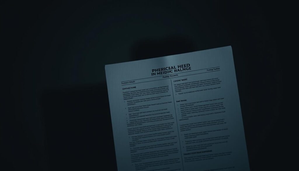 A high-quality medical file against a dimly lit, ominous background, casting an uneasy shadow. The document's contents are vague and indistinct, hinting at potential personal health information that could be revealed during a job transition. A sense of apprehension and vulnerability permeates the scene, conveying the risks associated with disclosing sensitive medical records in the context of professional changes. Moody lighting, shallow depth of field, and a sense of unease evoke the anxiety surrounding the exposure of private health data. The image should captivate the viewer, drawing attention to the delicate balance between professional obligations and personal privacy.