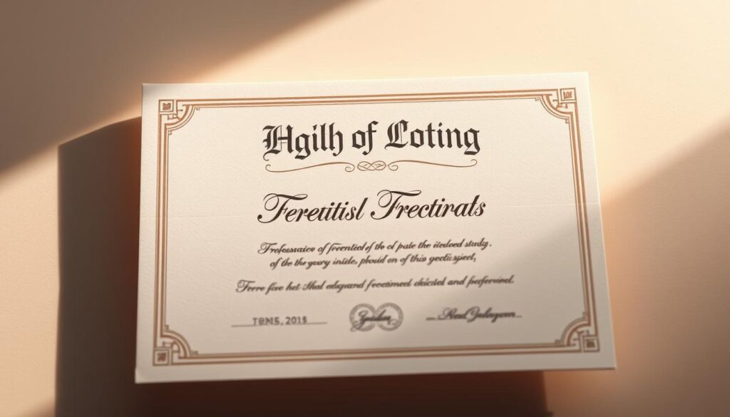 A high-quality professional credential, prominently displayed against a soft, warm-toned background. The certificate is crisply rendered, with embossed calligraphic text and a subtle watermark pattern. Delicate lighting casts gentle shadows, heightening the sense of depth and texture. The overall composition conveys a tone of accomplishment, authority, and prestige - the tangible result of dedicated study and mastery. The image should captivate the viewer, communicating the significance and value of this essential qualification.