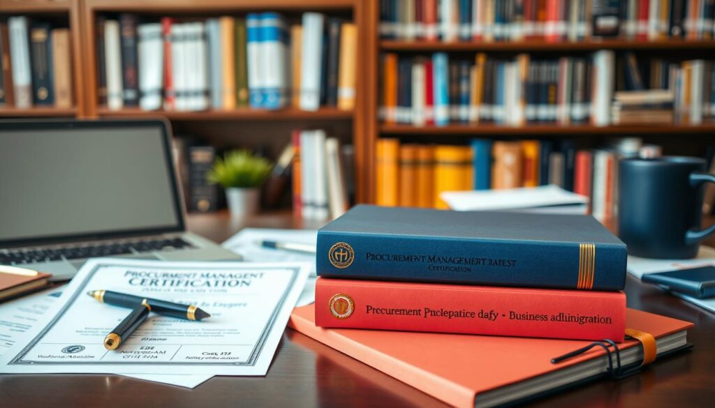 A high-quality, well-lit image of a desk with various business-related items such as a laptop, documents, a pen, and a coffee mug. In the foreground, prominently displayed, are several certifications and qualifications relevant to the role of a buyer, such as a procurement management certification, a purchasing and supply chain diploma, and a business administration degree. The background features a bookshelf filled with relevant business and industry publications. The overall scene conveys a professional, organized, and studious atmosphere, reflecting the steps and qualifications necessary to become a successful buyer.