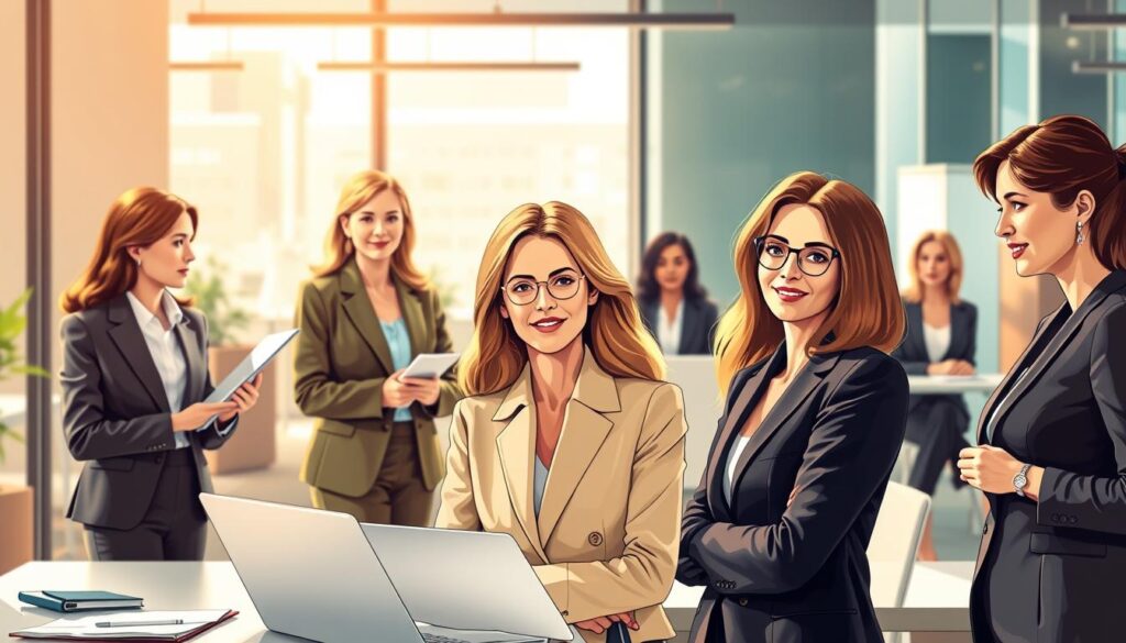 A high-resolution, detailed illustration depicting the career progression and job roles of 40-year-old women in the workplace. The image showcases a diverse range of professional positions, including executive, managerial, and specialized roles. Set against a modern office environment, the scene features well-dressed, confident women engaged in various work activities, such as meetings, presentations, and collaborative tasks. The lighting is warm and natural, creating a sense of dynamism and productivity. The composition balances the foreground figures with a subtly blurred background, emphasizing the subjects and their professional accomplishments. The overall mood is one of empowerment, success, and the evolving landscape of women's careers in the 40-plus age group.