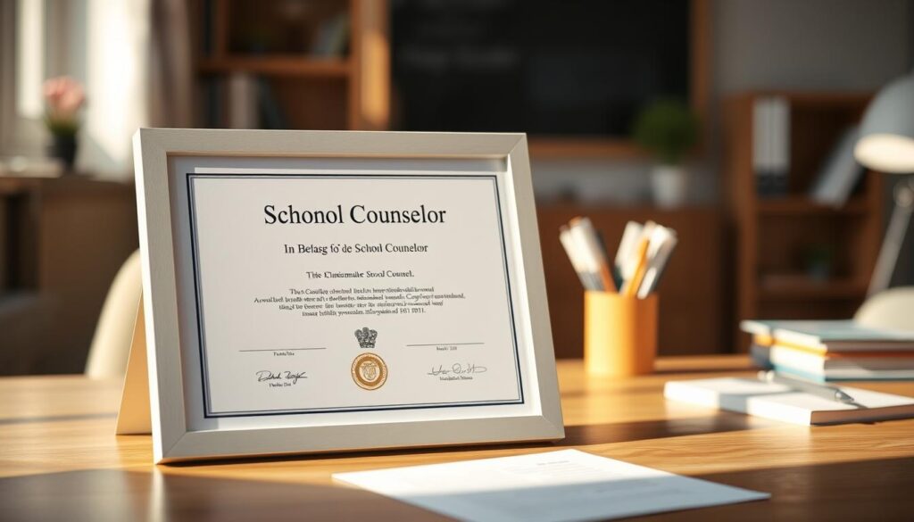 A high-resolution, photorealistic image of a school counselor's certificate or diploma displayed on a wooden desk, shot with a shallow depth of field. The certificate is framed in a modern, minimalist frame, and the background features a blurred, out-of-focus office setting with a few books and stationery items. The lighting is soft and natural, creating a warm, professional atmosphere. The image conveys the expertise and qualifications required to become a school counselor.